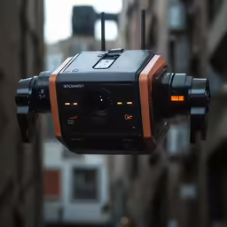 a small camera suspended over a city street