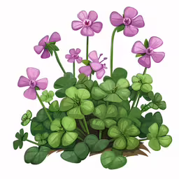 a pink and green plant with clovers,a drawing of flowers and some leaves on a white background
