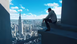 man sitting on ledge overlooking city skyline with his hands on knees