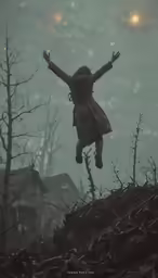 a person standing on top of a hill near some trees