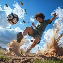 a young boy kicking a soccer ball on top of dirt