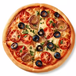 a pizza with tomatoes and olives with a slice missing