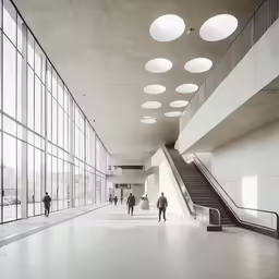 people walking around in an empty room near some stairs
