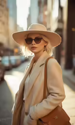 a woman in a white hat and coat standing on the side walk