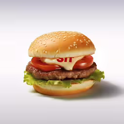 a hamburger is covered in cheese and tomato,the burger is decorated with lettuce and tomato