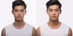 this man is wearing a white shirt and has one nose closed,two pictures of a man looking at the camera
