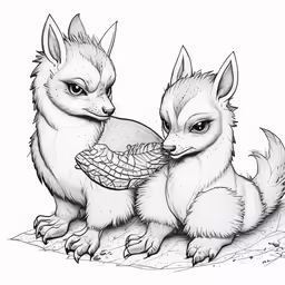 two fox are facing each other, one is holding a bag