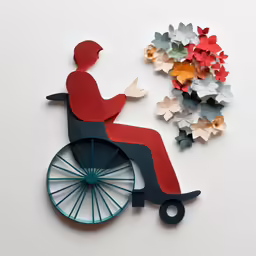 a paper craft of a person in a wheel chair next to a wall hanging with stars
