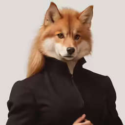 a woman in black with a dog head on her shoulder