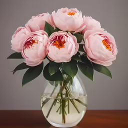 a vase full of water has five pink flowers in it