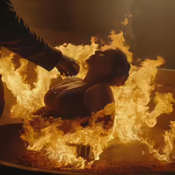 a girl sits on the ground in the flames