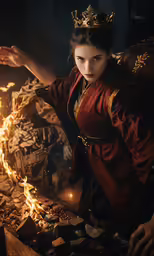 a woman dressed in traditional clothing and holding a torch