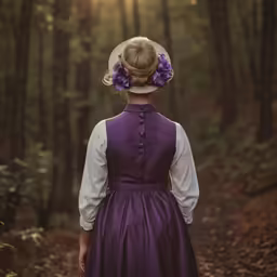 woman in period dress walking on pathway through forest