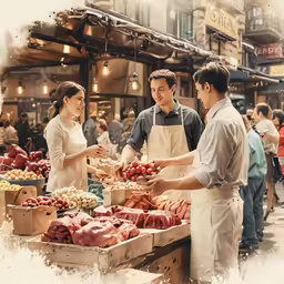 people buying food in a market on a sunny day