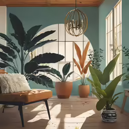 indoor room with two large potted plants in a circle window