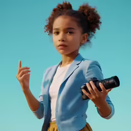 a young girl poses with two cameras near her