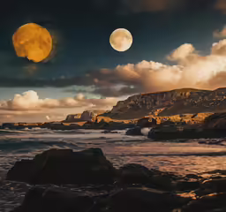 a yellow moon sits above the water by the shore