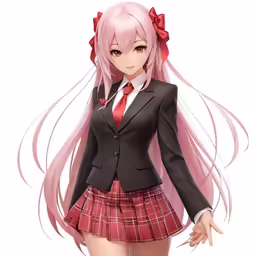 an anime girl with pink hair in a suit