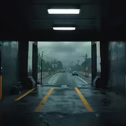 cars going down a road in a very dark city