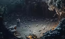 man in cave with light on, rocks and debris around