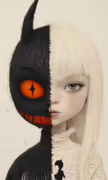 two photos of a young girl in halloween costumes, one with the eyes painted black and the other has orange cat ears