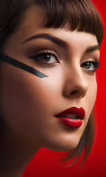 a woman has a black pencil on her cheek