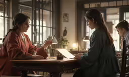 two young girls are sitting at a wooden table together