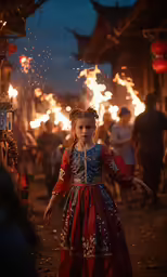 a girl with many eyes dressed in red dress and fire in the background