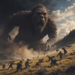 a bigfoot walking in the wild with a group of men running behind it