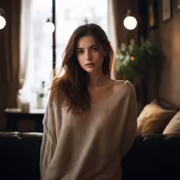a woman is posing for a photo on the couch