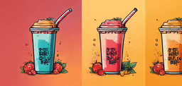 three shots of beverages with various flavors,three different smoothies are shown with strawberries on them