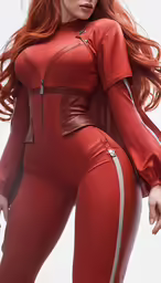 a woman in a red catsuit poses for a portrait