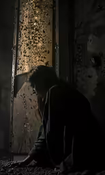 a woman is kneeling down in front of an open door