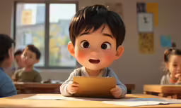 the character is looking into the screen in a classroom