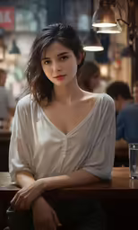 a pretty young lady sitting in a bar wearing a white top