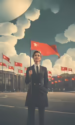a person holding a flag in front of flags