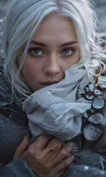 a blonde woman with blue eyes is holding something