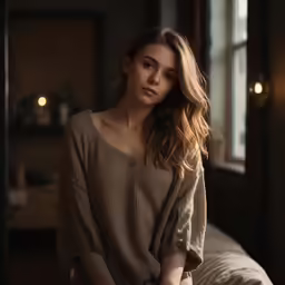 a woman posing for the camera next to a bed