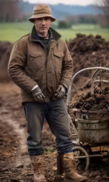 a man standing next to a pile of dirt