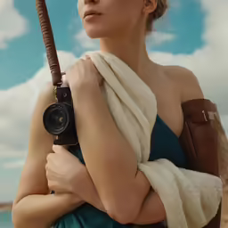 a woman in brown holding a camera and wearing a scarf