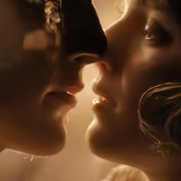 two women face to face, one has her eyes closed and one is close to her cheek