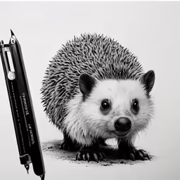 a hedgehog with a pen in its mouth sits on the ground
