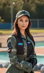 the young female pilot is posing for the camera