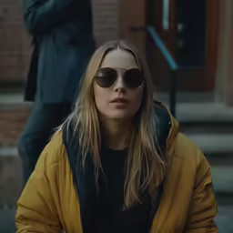 a young woman with glasses is sitting on the street