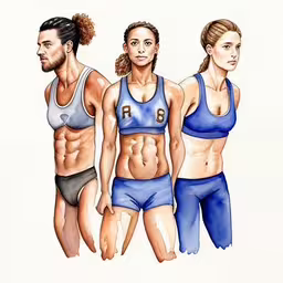 two women and one man in sports clothes,two women and one man wearing athletic wear,three people in sportswear each with a different type of stomach,three people in different sports clothes standing next to each other,a drawing of three people in blue underwear
