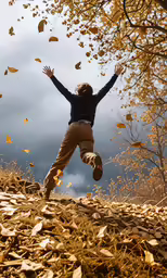 a man is running through some leaves