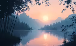 the sun sets over a lake and some trees