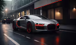 the grey car is driving through the city streets