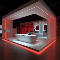 a white bathroom with a red light