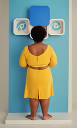 woman standing in front of blue wall with a blue frame